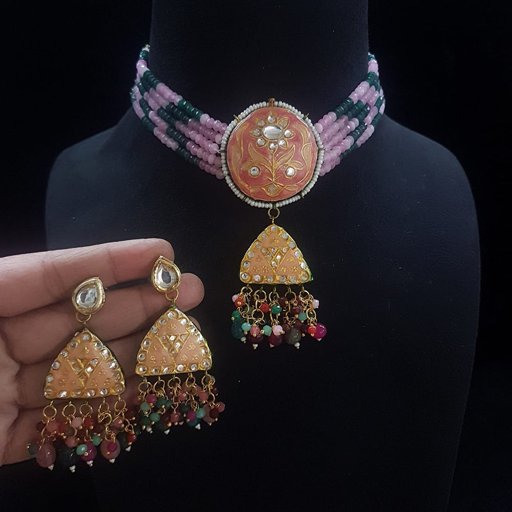 FS Collection Gold Plated Kundan Stone And Beads Meenakari Choker Necklace Set