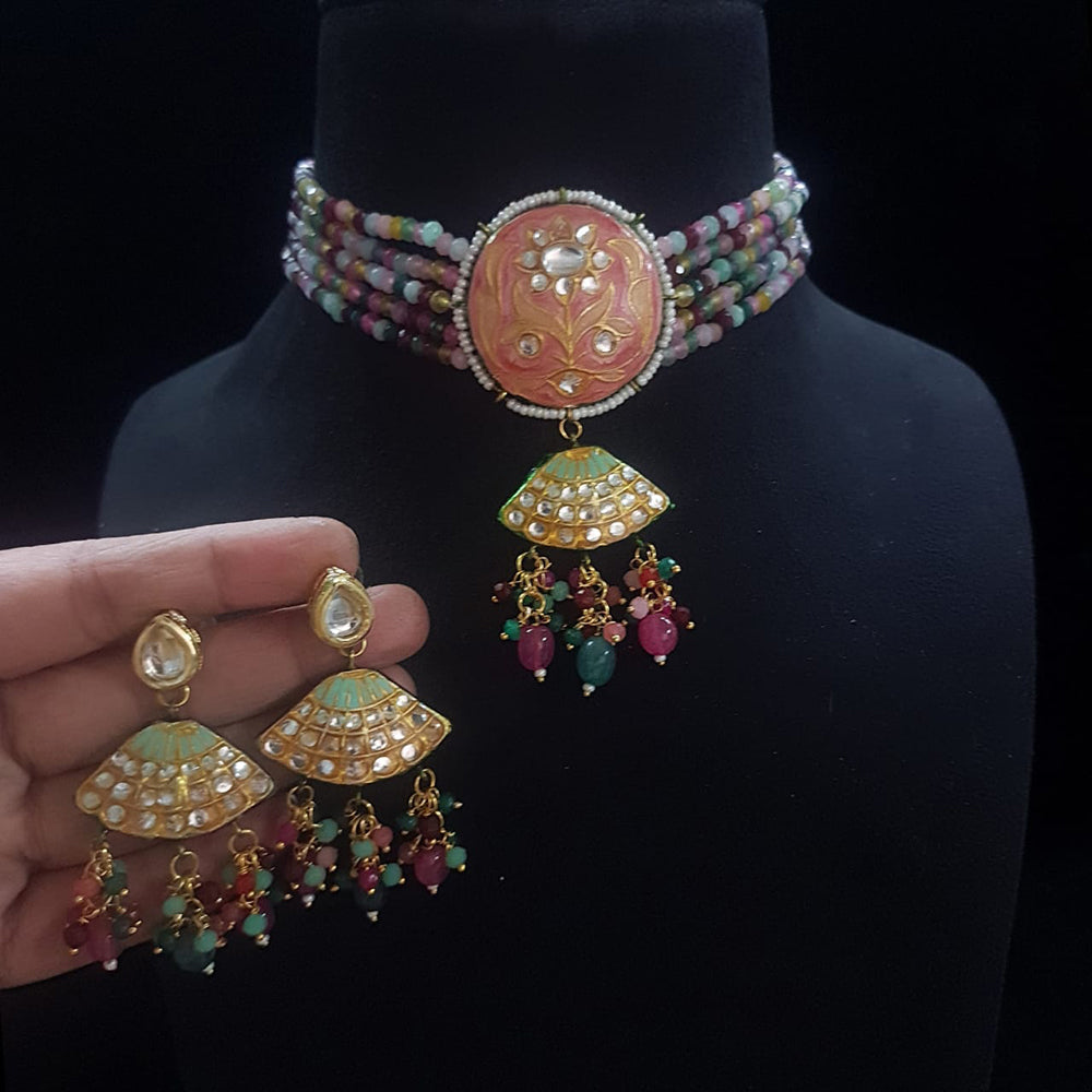 FS Collection Gold Plated Kundan Stone And Beads Meenakari Choker Necklace Set