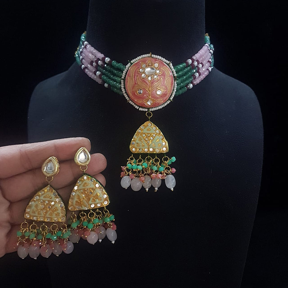 FS Collection Gold Plated Kundan Stone And Beads Meenakari Choker Necklace Set