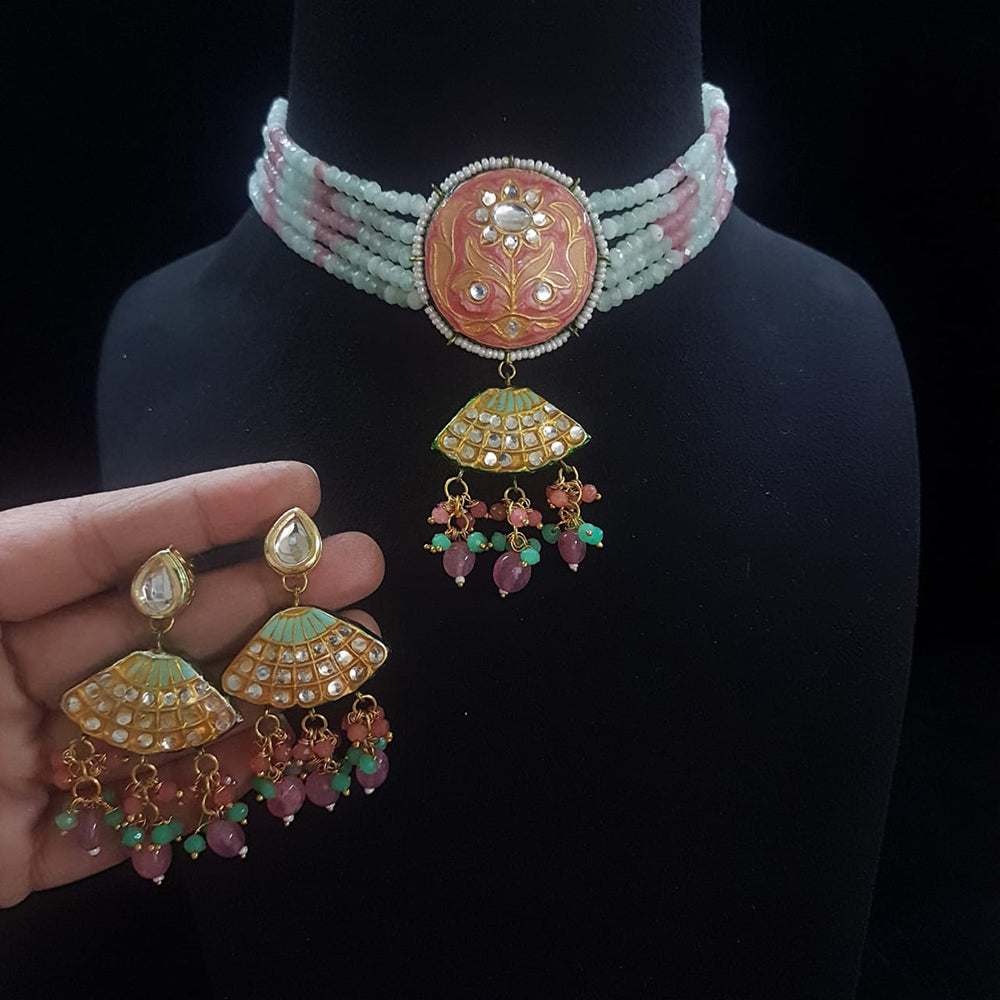FS Collection Gold Plated Kundan Stone And Beads Meenakari Choker Necklace Set