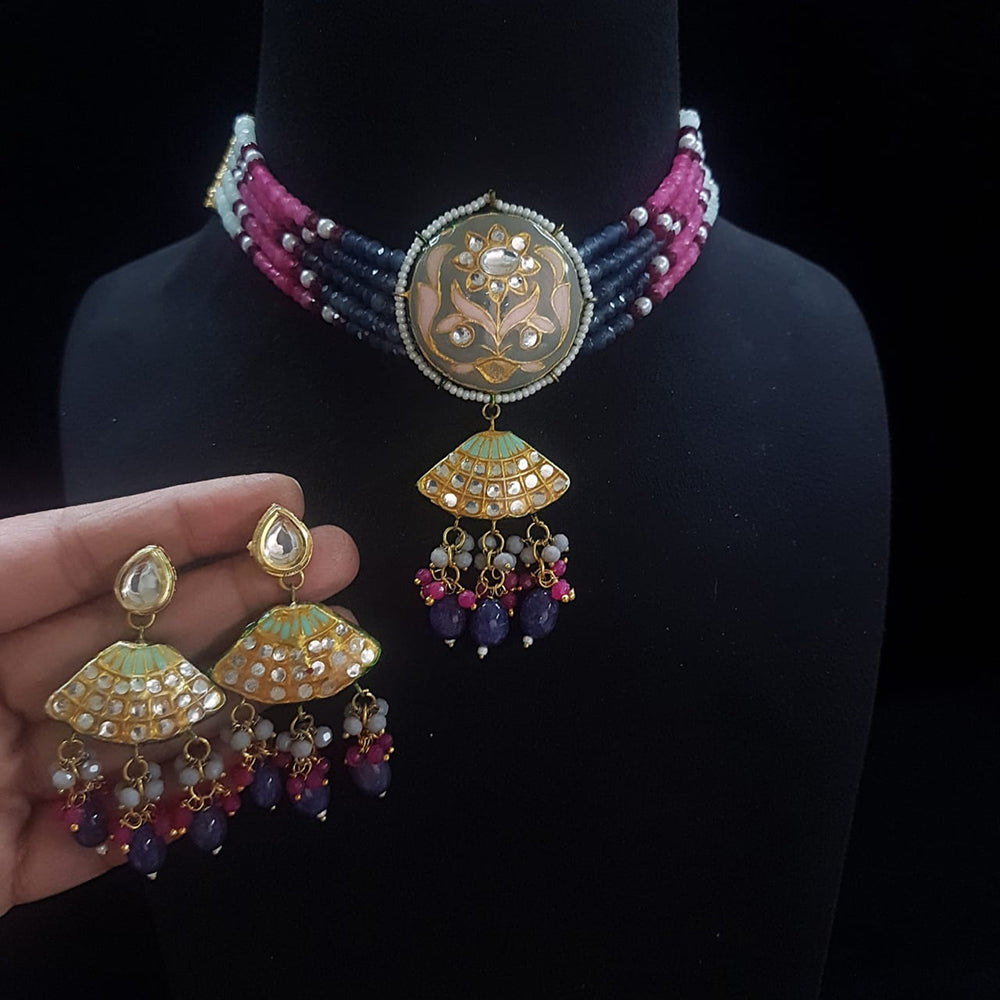 FS Collection Gold Plated Kundan Stone And Beads Meenakari Choker Necklace Set