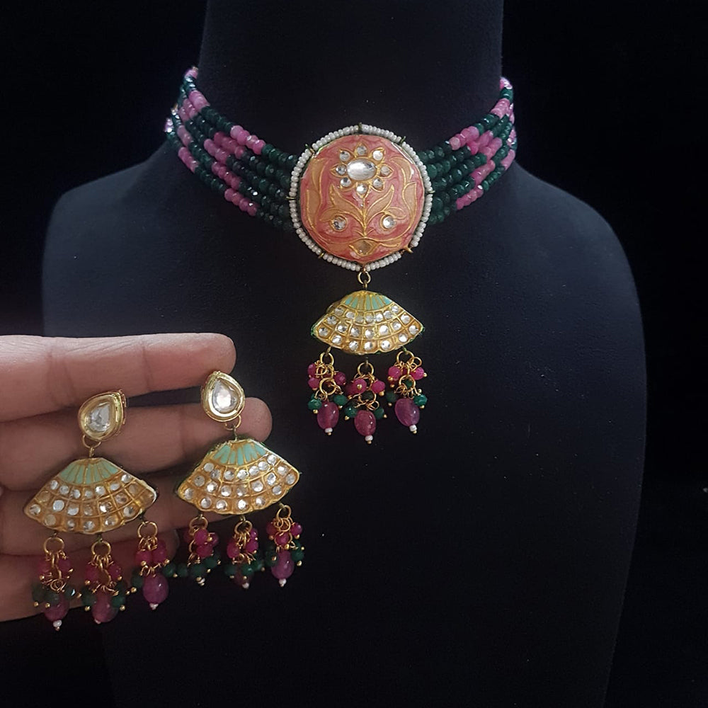 FS Collection Gold Plated Kundan Stone And Beads Meenakari Choker Necklace Set