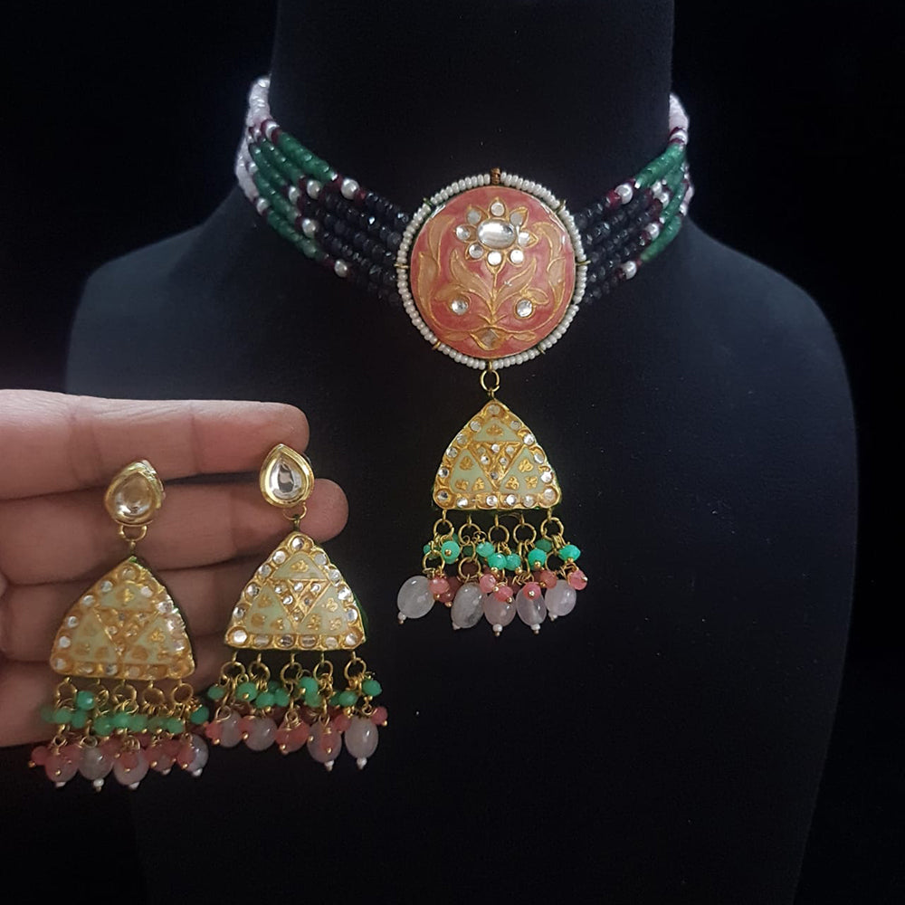 FS Collection Gold Plated Kundan Stone And Beads Meenakari Choker Necklace Set