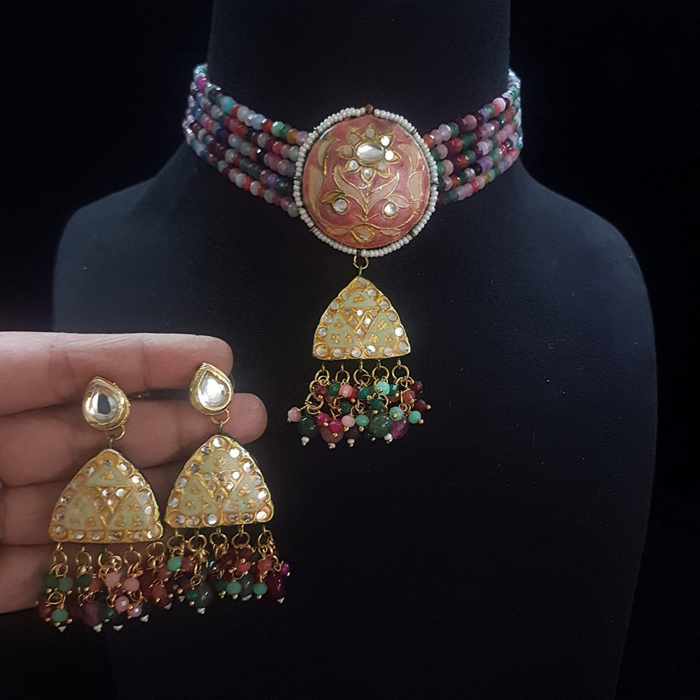 FS Collection Gold Plated Kundan Stone And Beads Meenakari Choker Necklace Set