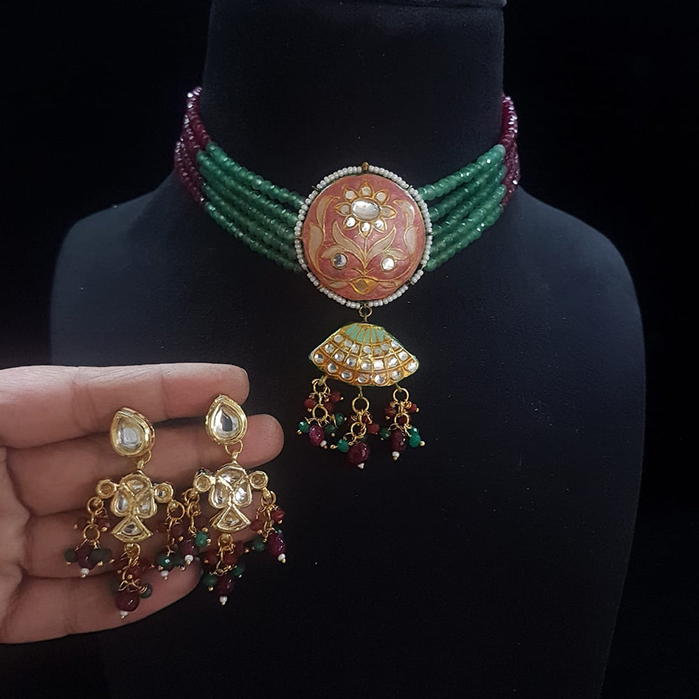 FS Collection Gold Plated Kundan Stone And Beads Meenakari Choker Necklace Set