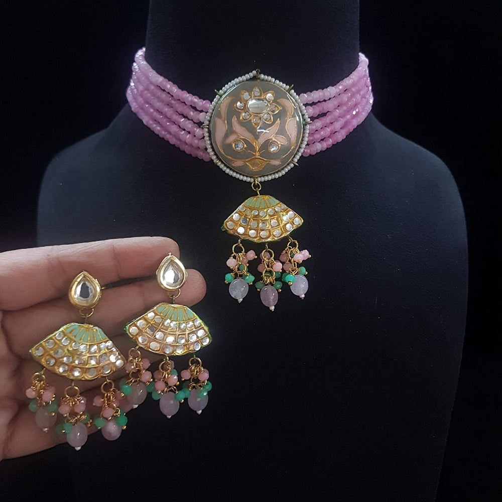FS Collection Gold Plated Kundan Stone And Beads Meenakari Choker Necklace Set