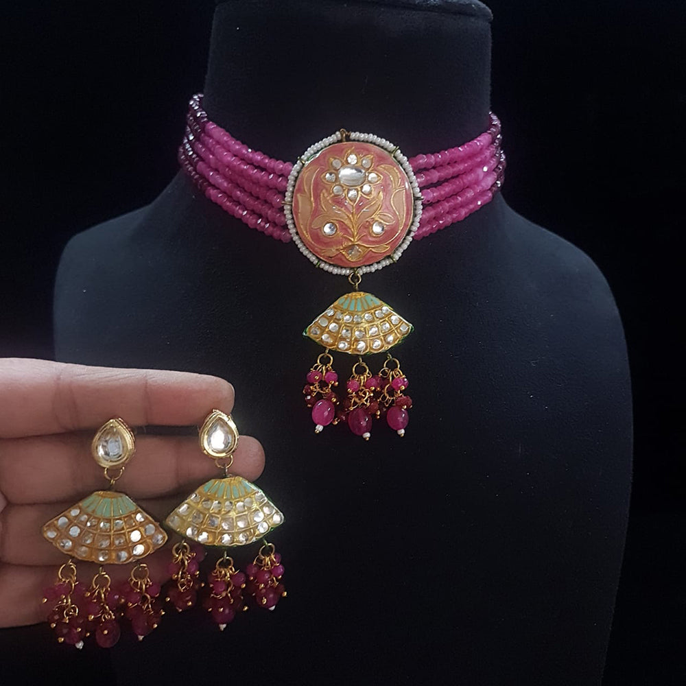 FS Collection Gold Plated Kundan Stone And Beads Meenakari Choker Necklace Set