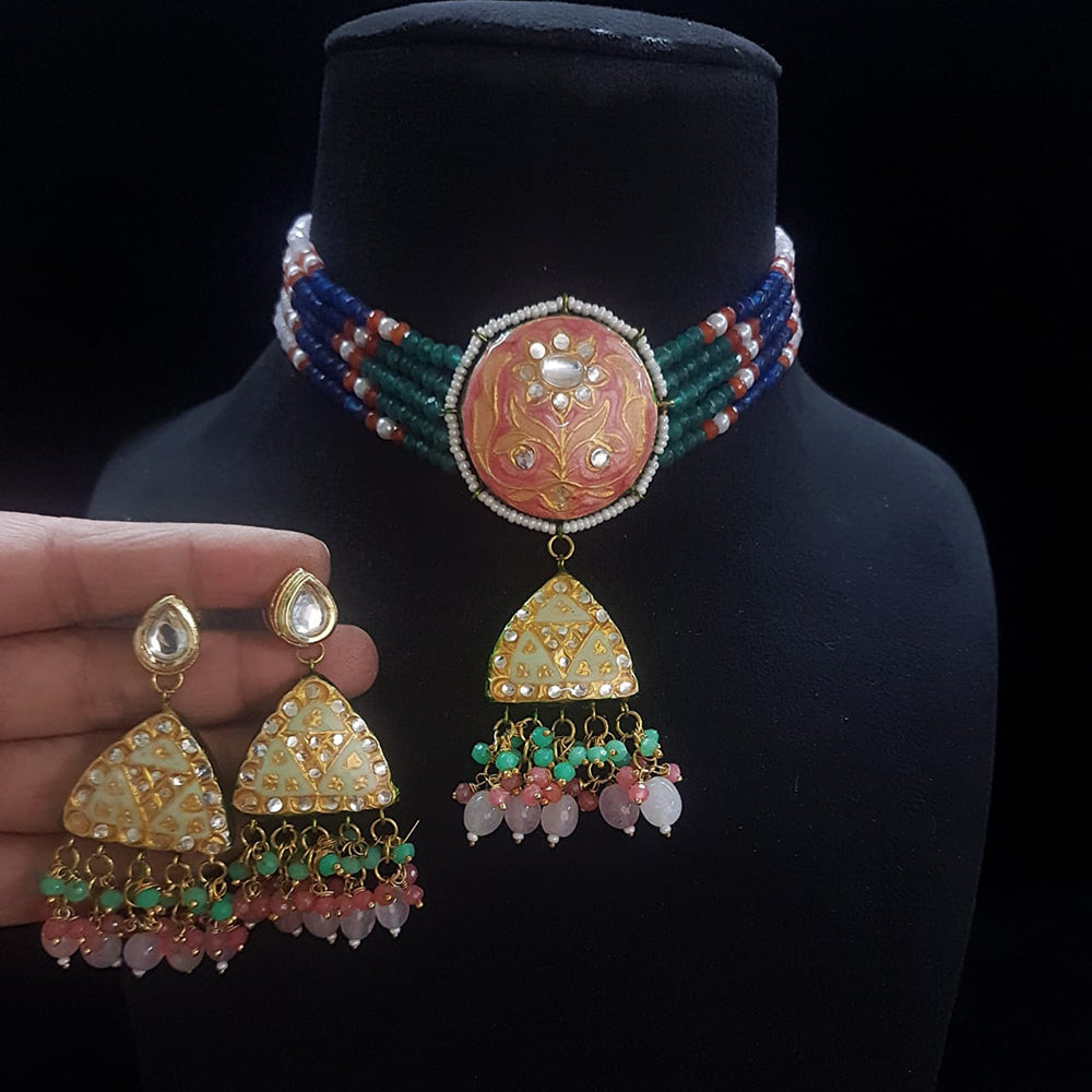 FS Collection Gold Plated Kundan Stone And Beads Meenakari Choker Necklace Set