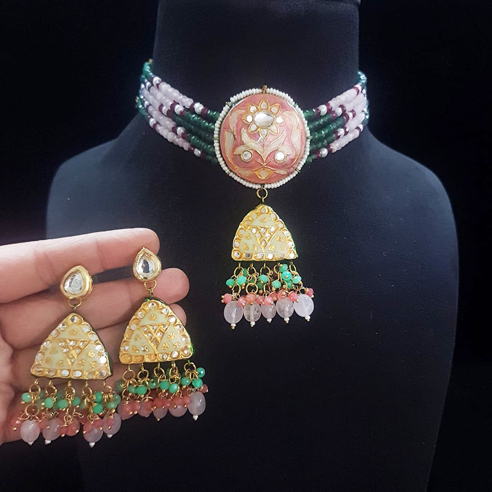 FS Collection Gold Plated Kundan Stone And Beads Meenakari Choker Necklace Set