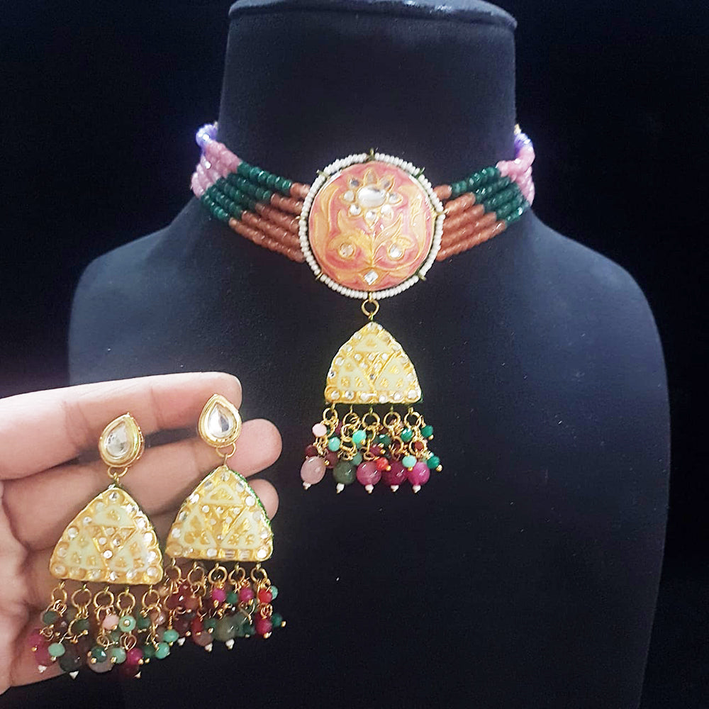 FS Collection Gold Plated Kundan Stone And Beads Meenakari Choker Necklace Set
