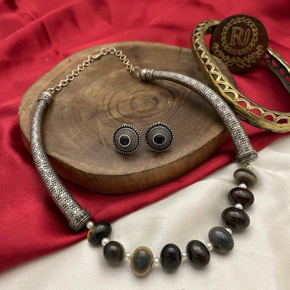 FS Collection Oxidised Plated Beads And Pearls Necklace Set