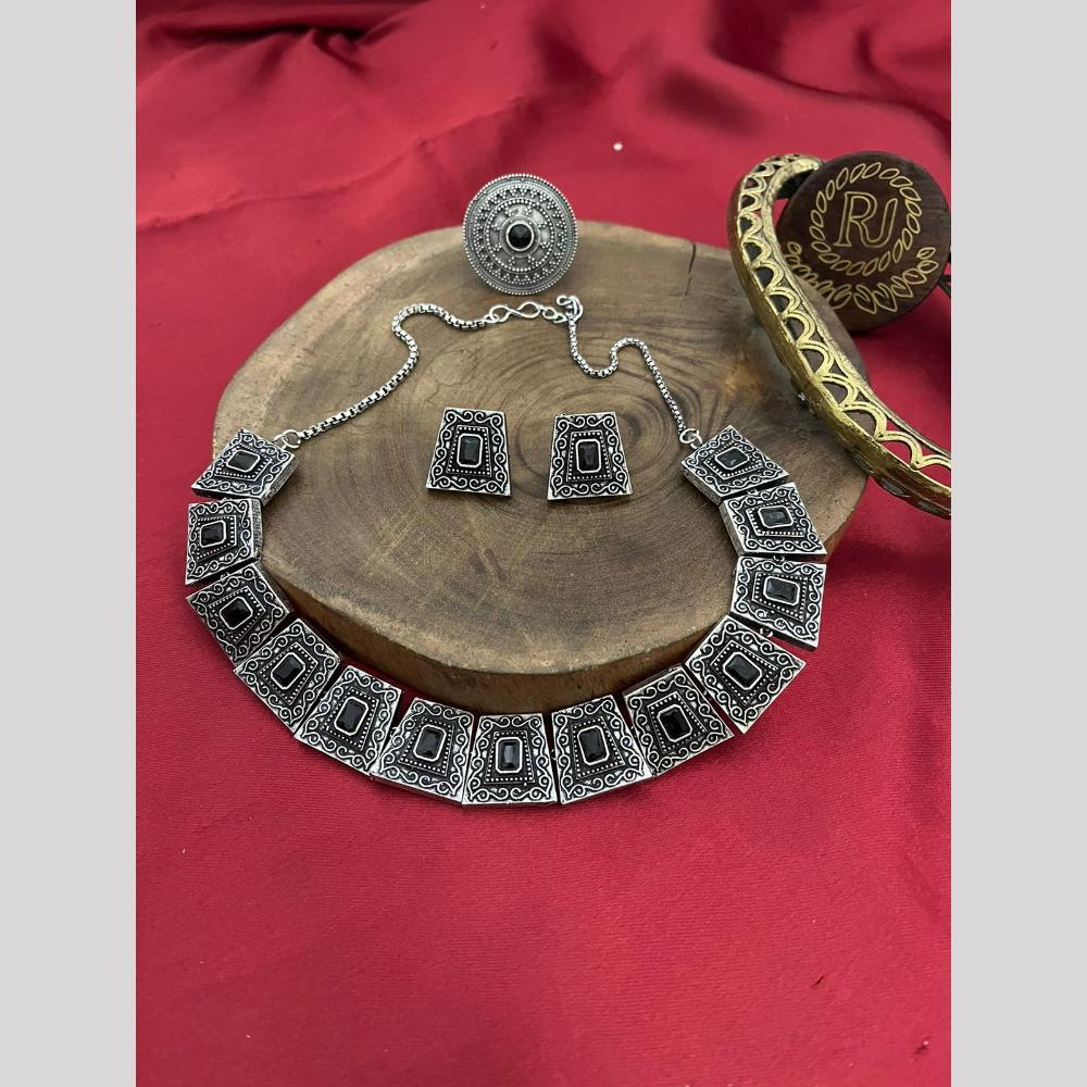 FS Collection Oxidised Plated Pota Stone Necklace Set