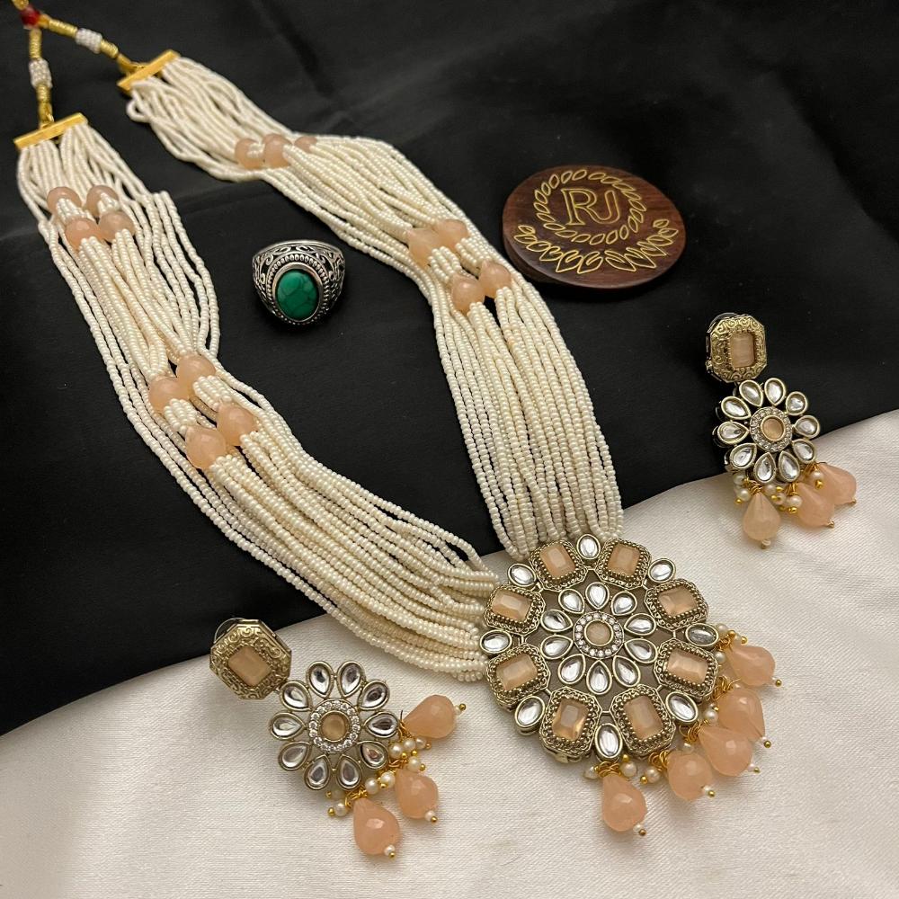 FS Collection Gold Plated Kundan Stone Beads And Pearls Necklace Set