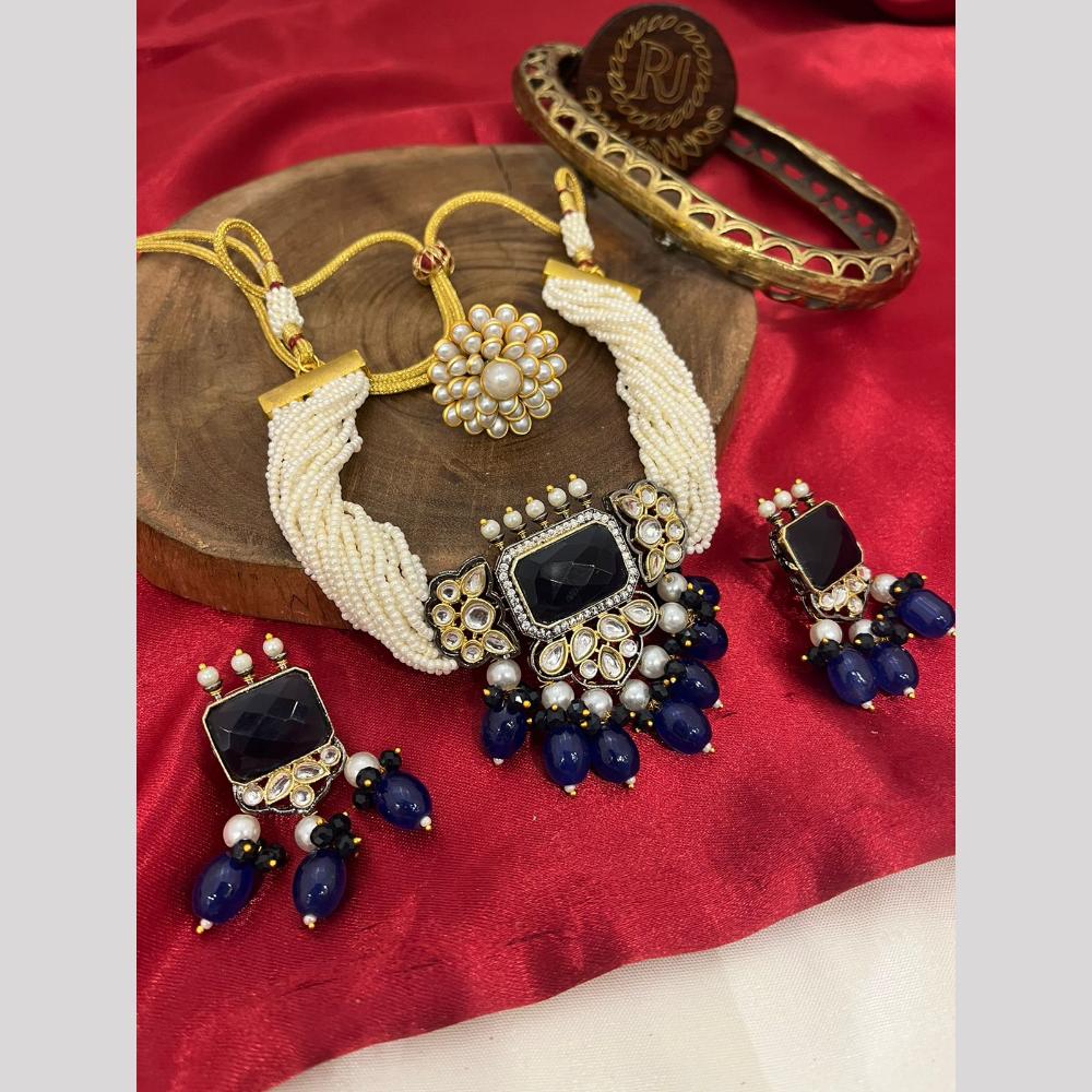 FS Collection Gold Plated Kundan Stone Pearls And Beads Choker Necklace Set