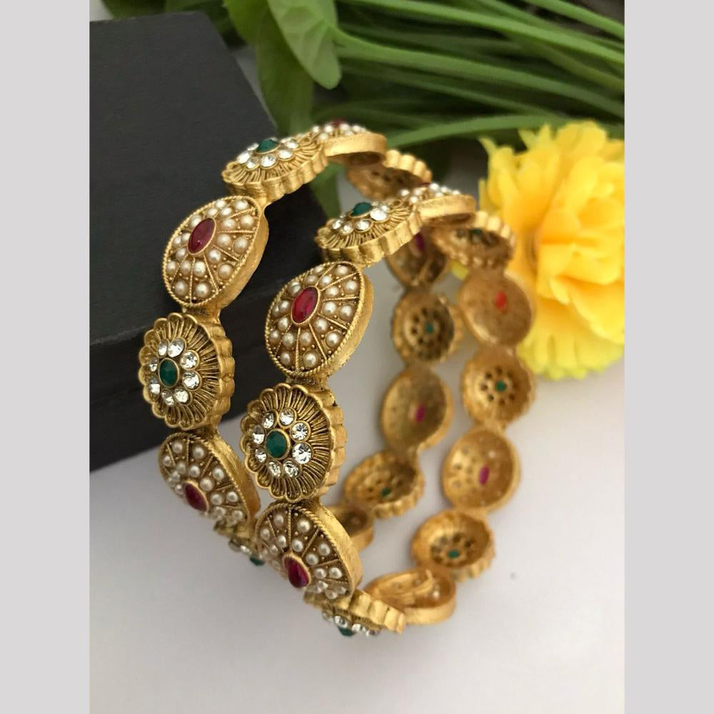 FS Collection Gold Plated Pota Stone And Pearls Bangle Set