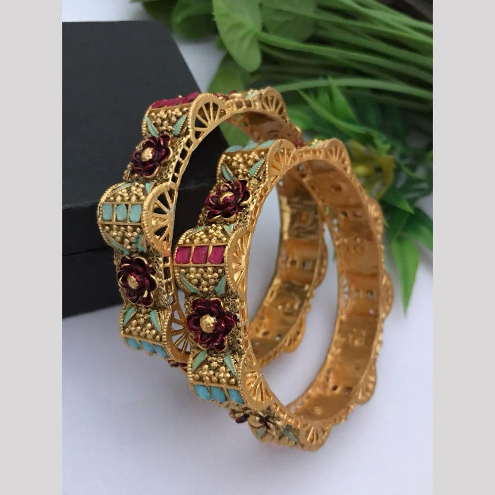 FS Collection Gold Plated Pota Stone Meenakari Bangle Set