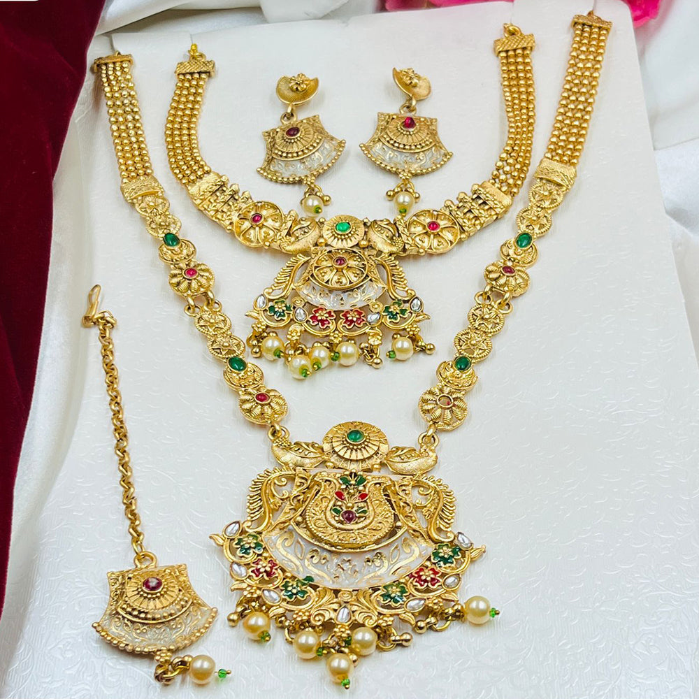 FS Collection Gold Plated Pota Stone And Pearl Meenakari Double Necklace Set