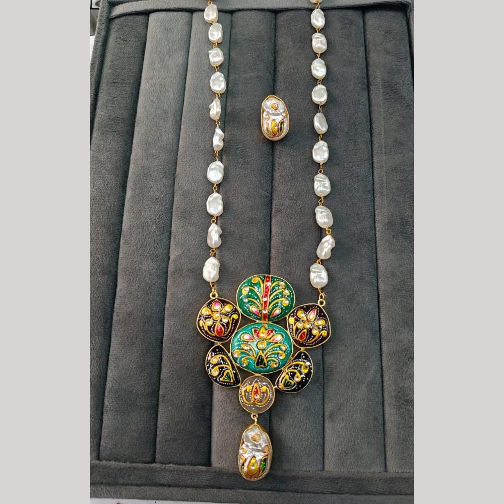 FS Collection Artistic Gold Plated Elegance Multi-Color Meenakari Long Necklace Set