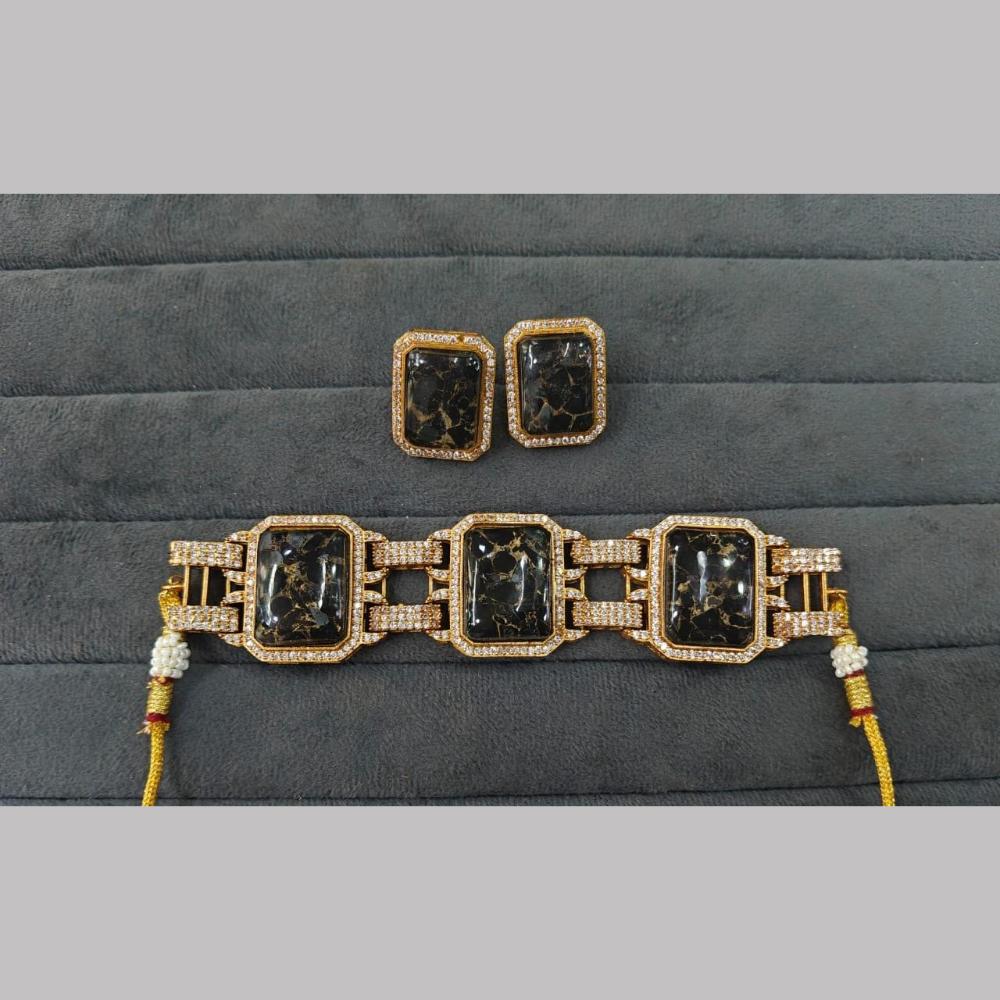 Fs Collection Gold Plated Druzy Crystal Stone Choker Necklace Set