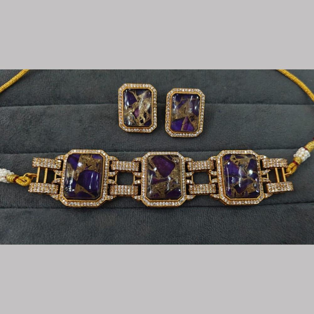 Fs Collection Gold Plated Druzy Crystal Stone Choker Necklace Set