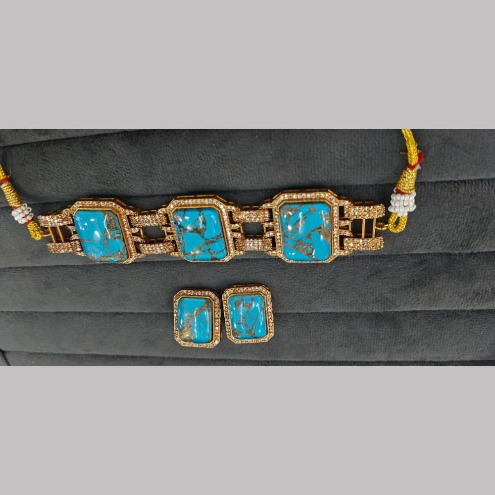 Fs Collection Gold Plated Druzy Crystal Stone Choker Necklace Set