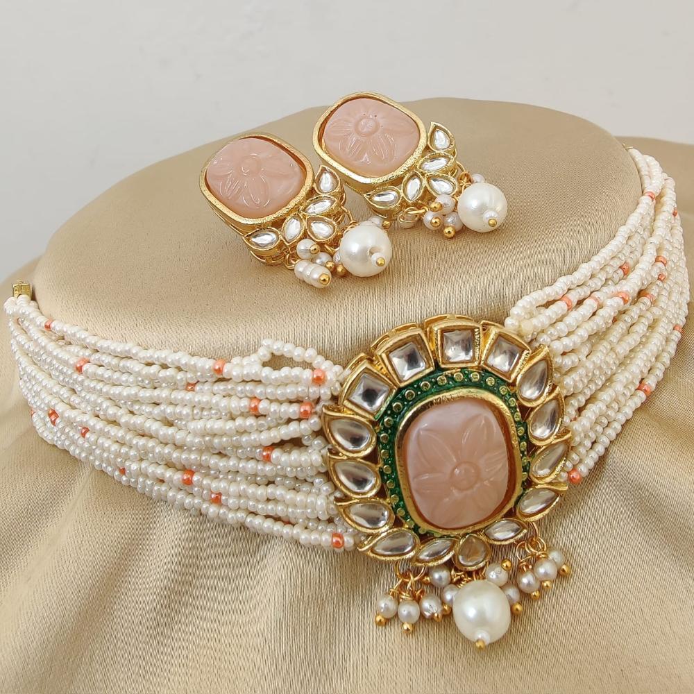 Fs Collection Gold Plated Kundan And Beads Choker Necklace Set