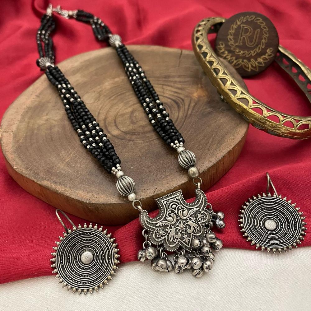 FS Collection Ethnic Oxidised Plated Ghungaroo Detailed Antique Necklace Set Women & Girls