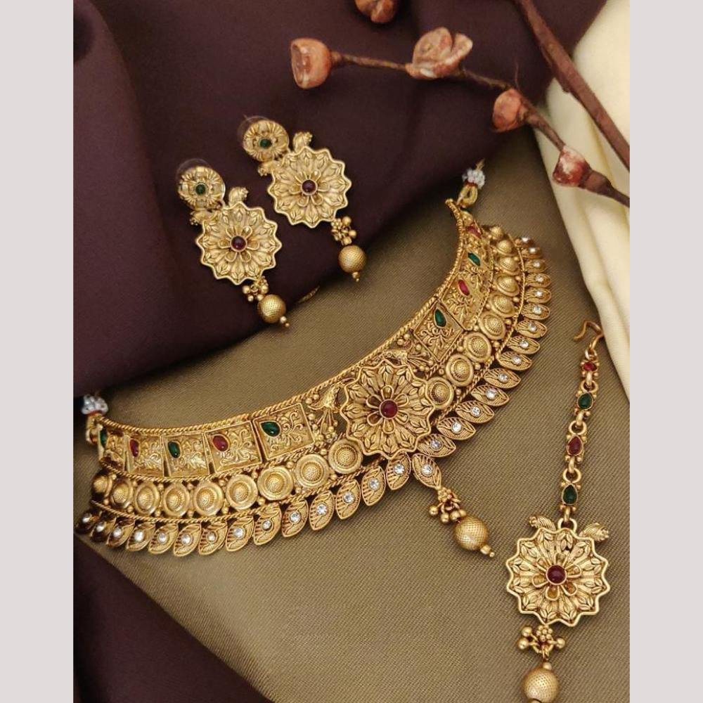 FS Collection Elegant Gold Plated Pota Stones Perfect for Weddings, Festivals Choker Necklace Set