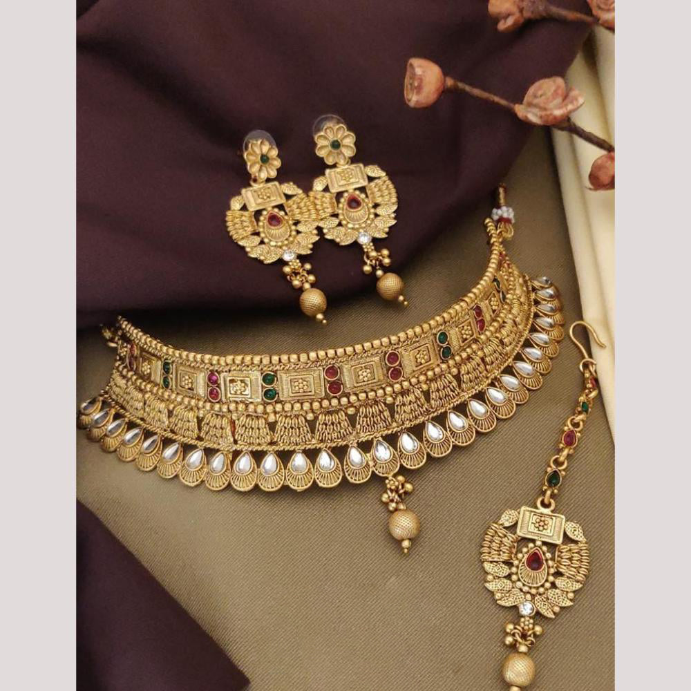FS Collection Elegant Gold Plated Pota Stones Perfect for Weddings, Festivals Choker Necklace Set
