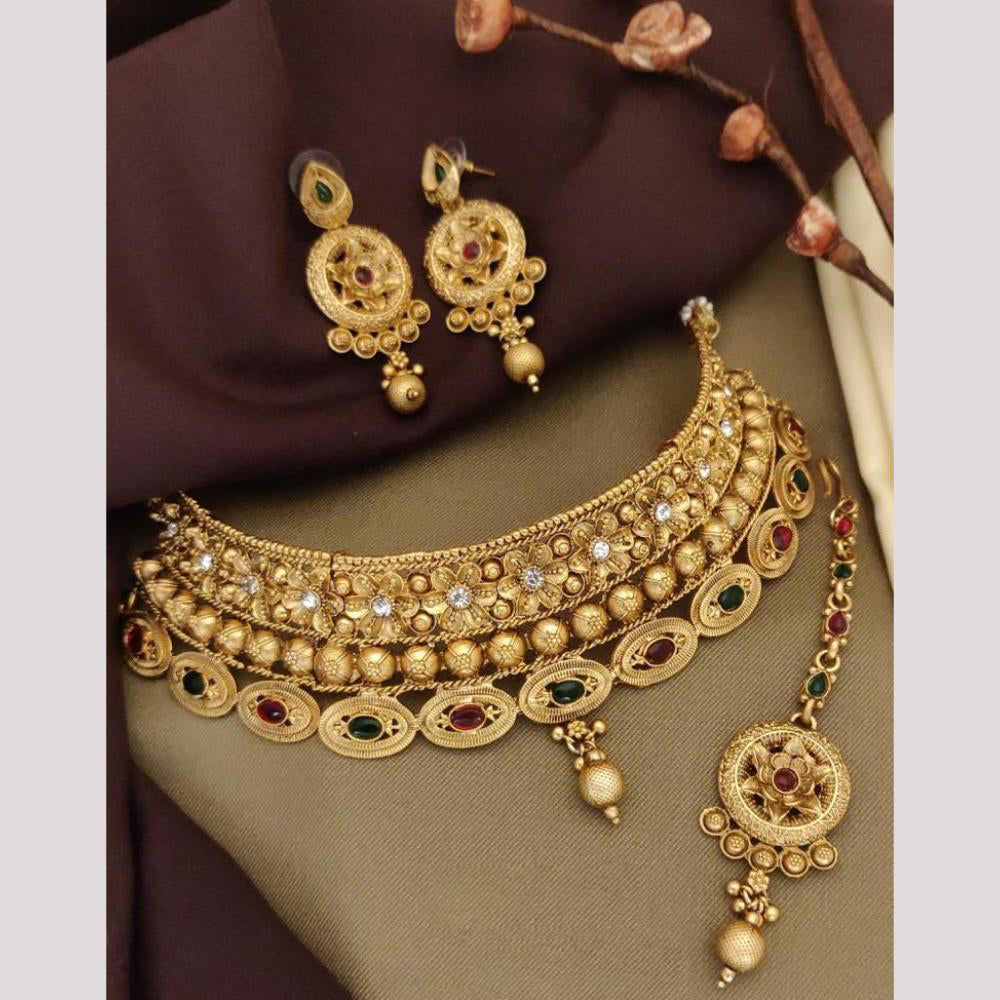 FS Collection Elegant Gold Plated Pota Stones Perfect for Weddings, Festivals Choker Necklace Set