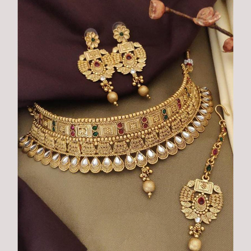 FS Collection Elegant Gold Plated Pota Stones Perfect for Weddings, Festivals Choker Necklace Set