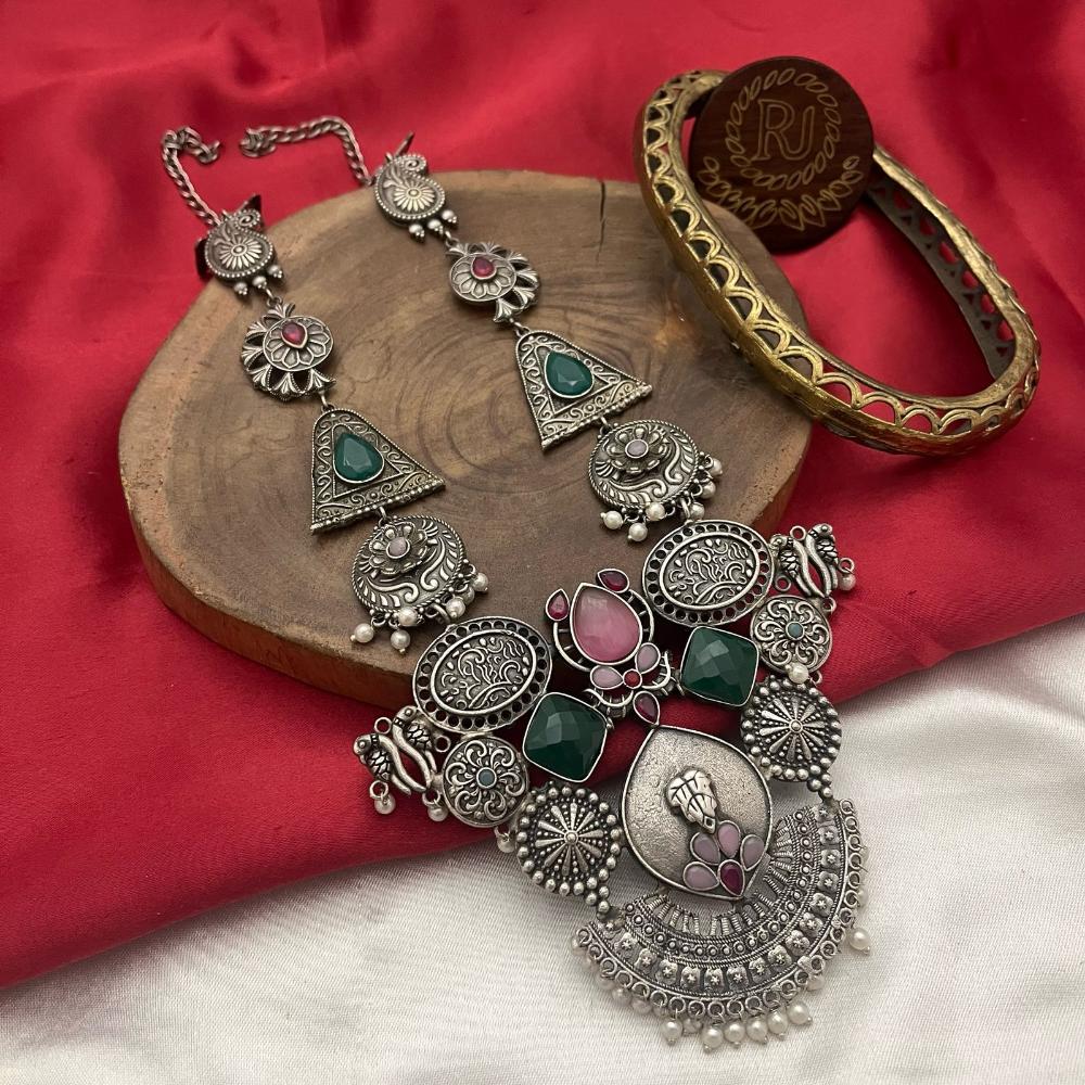 FS Collection Oxidised Plated Pota and Pearls Modern Fusion Jewelry Long Necklace Set