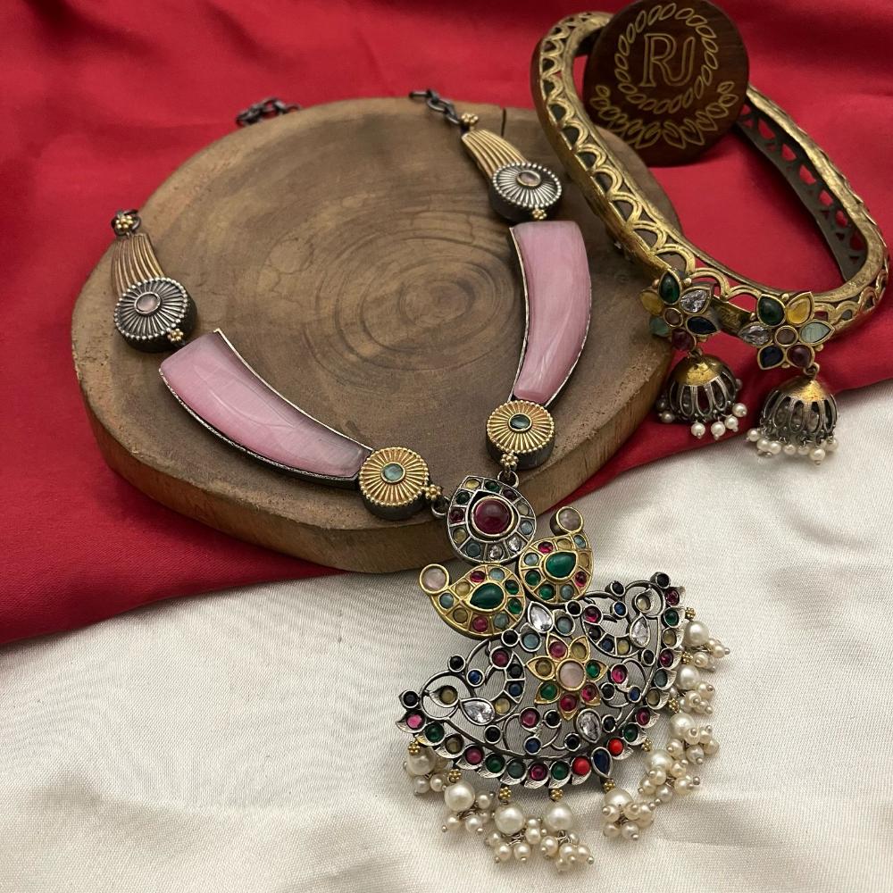FS Collection Oxidised Plated Pota and Pearls Modern Fusion Jewelry Necklace Set