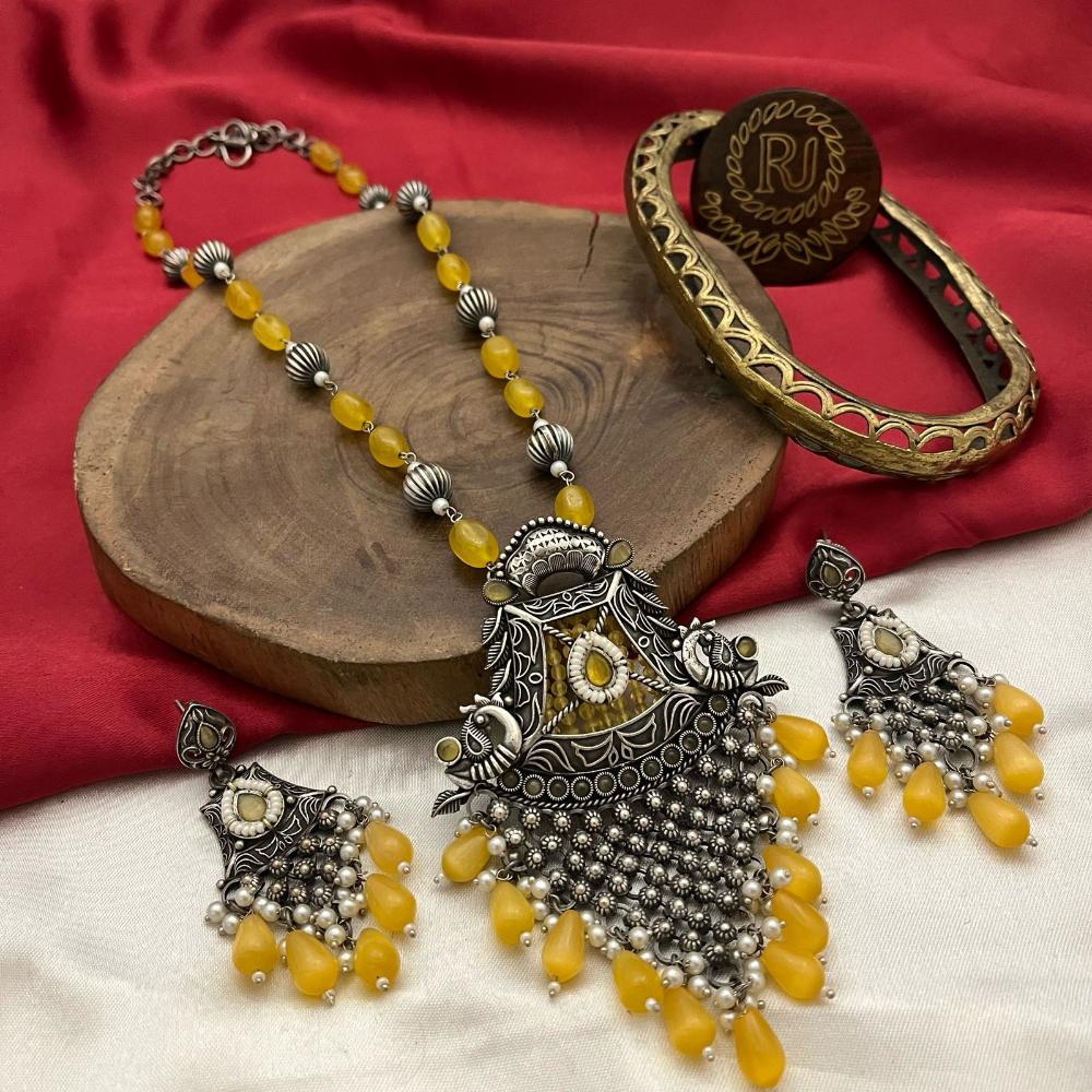 FS Collection Oxidised Plated Pota and Pearls Modern Fusion Jewelry Long Necklace Set