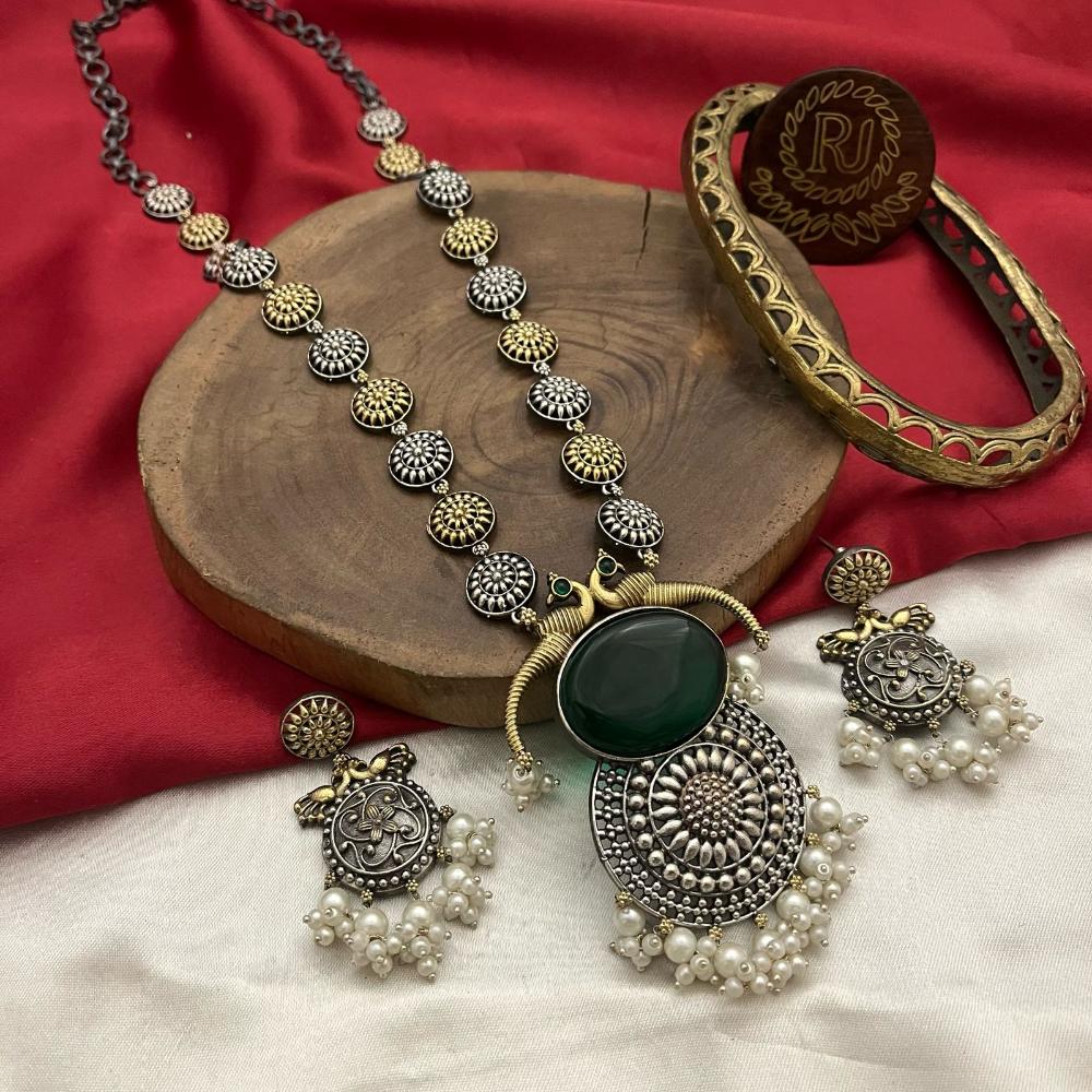 FS Collection Oxidised Plated Pota and Pearls Modern Fusion Jewelry Long Necklace Set