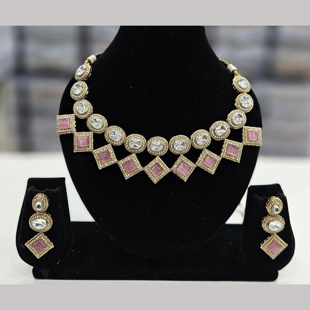 FS Collection Elegant Gold Plated Pota Stones Perfect for Weddings, Festivals Necklace Set