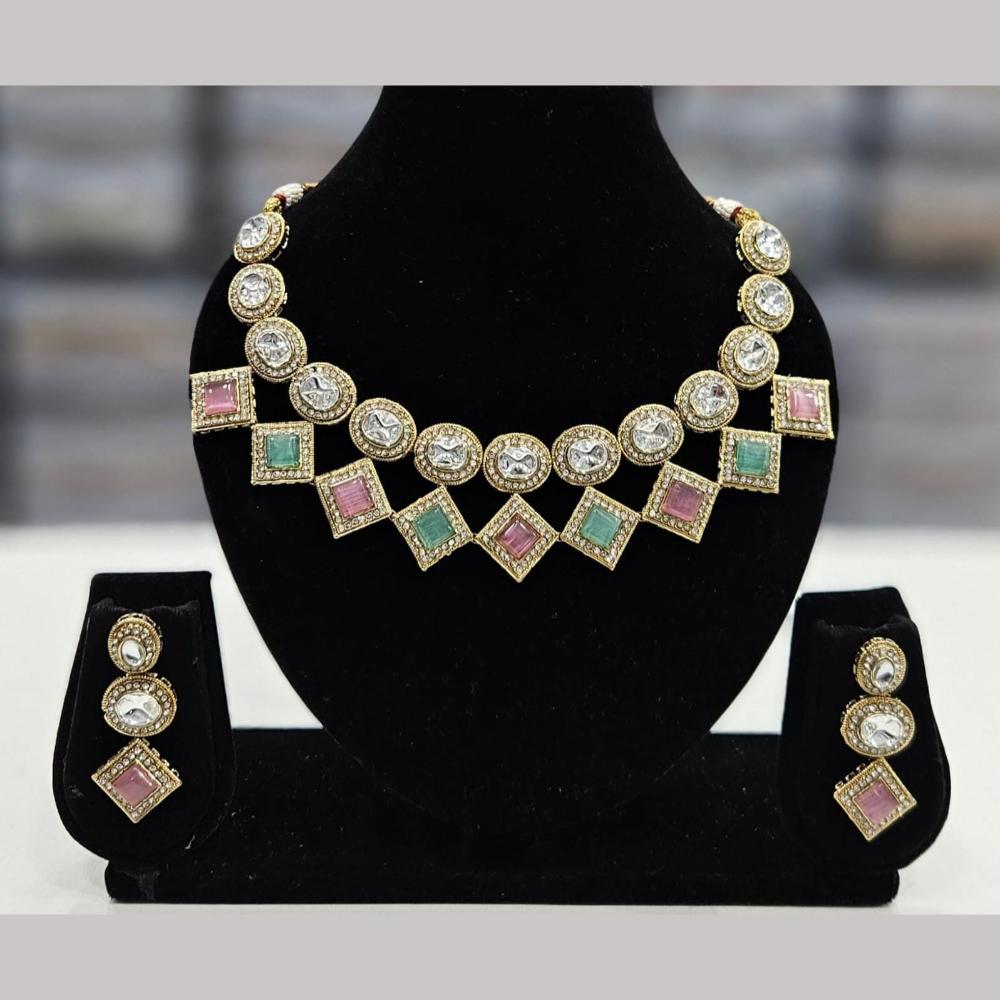 FS Collection Elegant Gold Plated Pota Stones Perfect for Weddings, Festivals Necklace Set