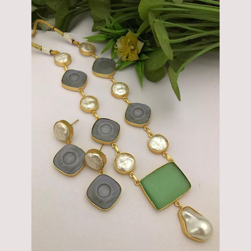 FS Collection Regal Gold Plated with Elegant Mother of Pearl Touch Long Necklace Set