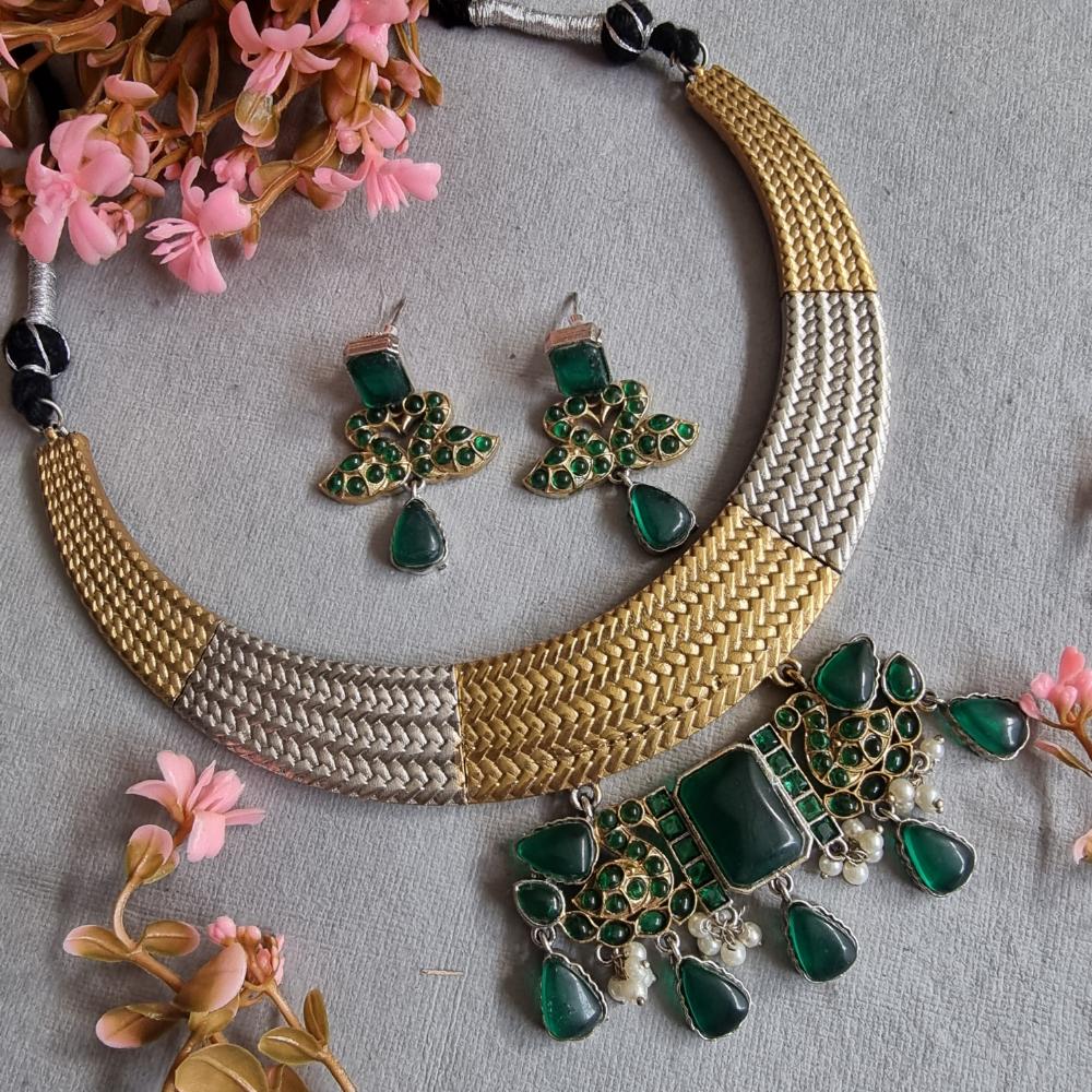 FS Collection 2 Tone Plated Pota Stone Necklace Set