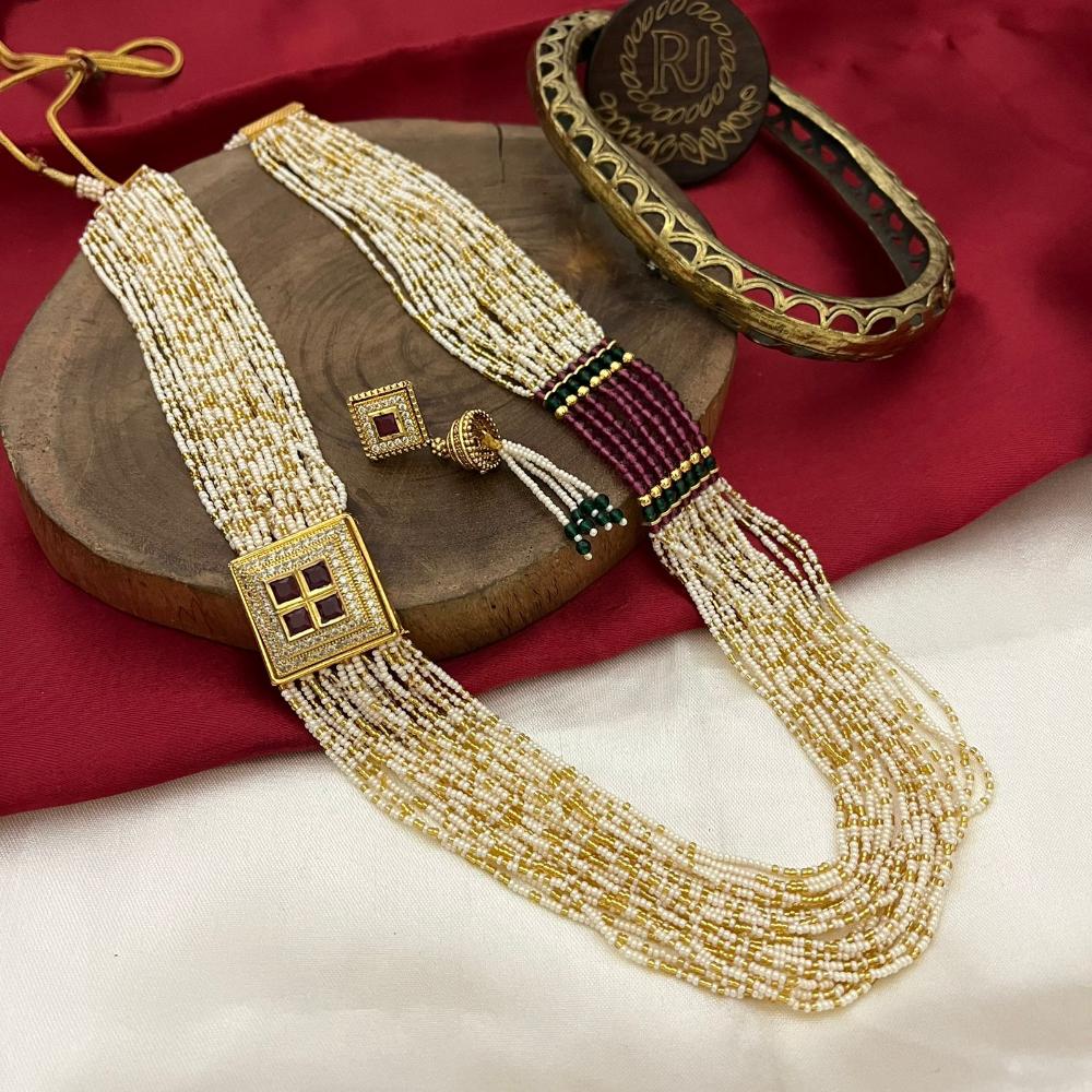 FS Collection Gold Plated Pota Stone And Pearl Long Necklace Set