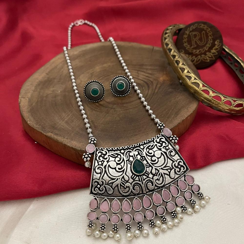 FS Collection Oxidised Plated Pota and Pearls Modern Fusion Jewelry Long Necklace Set