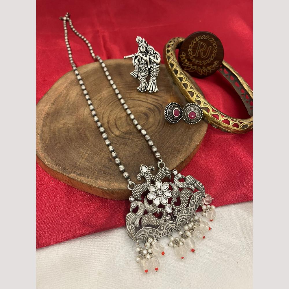 FS Collection Oxidised Plated Pota and Pearls Modern Fusion Jewelry Long Necklace Set