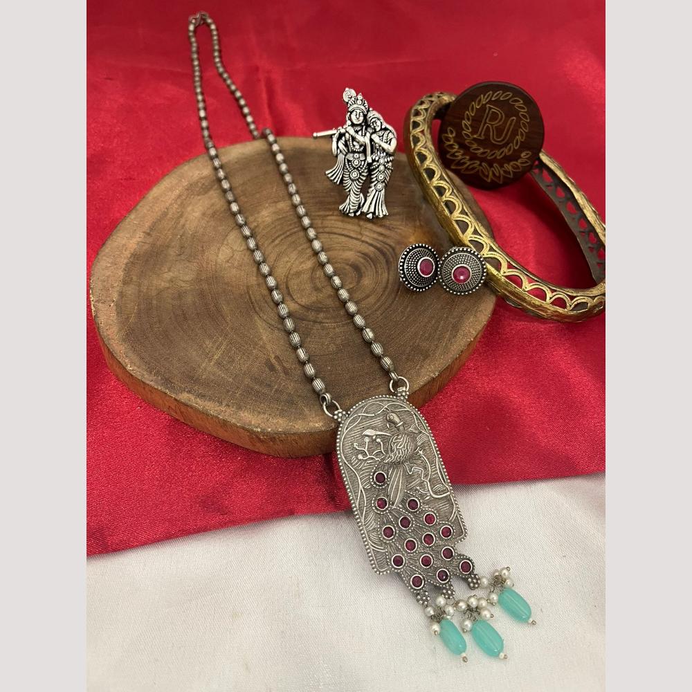 FS Collection Oxidised Plated Pota and Pearls Modern Fusion Jewelry Long Necklace Set