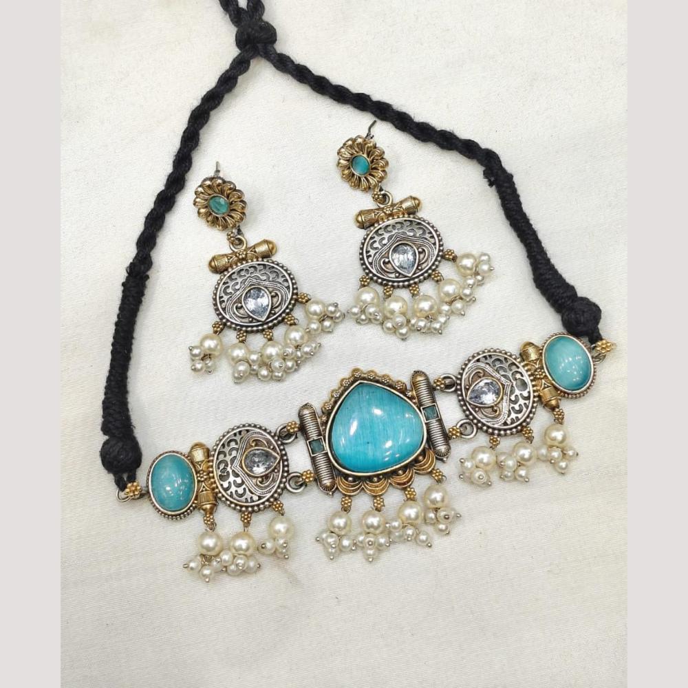FS Collection Stylish 2-Tone Plated Pota Stones And Pearl Choker Necklace Set
