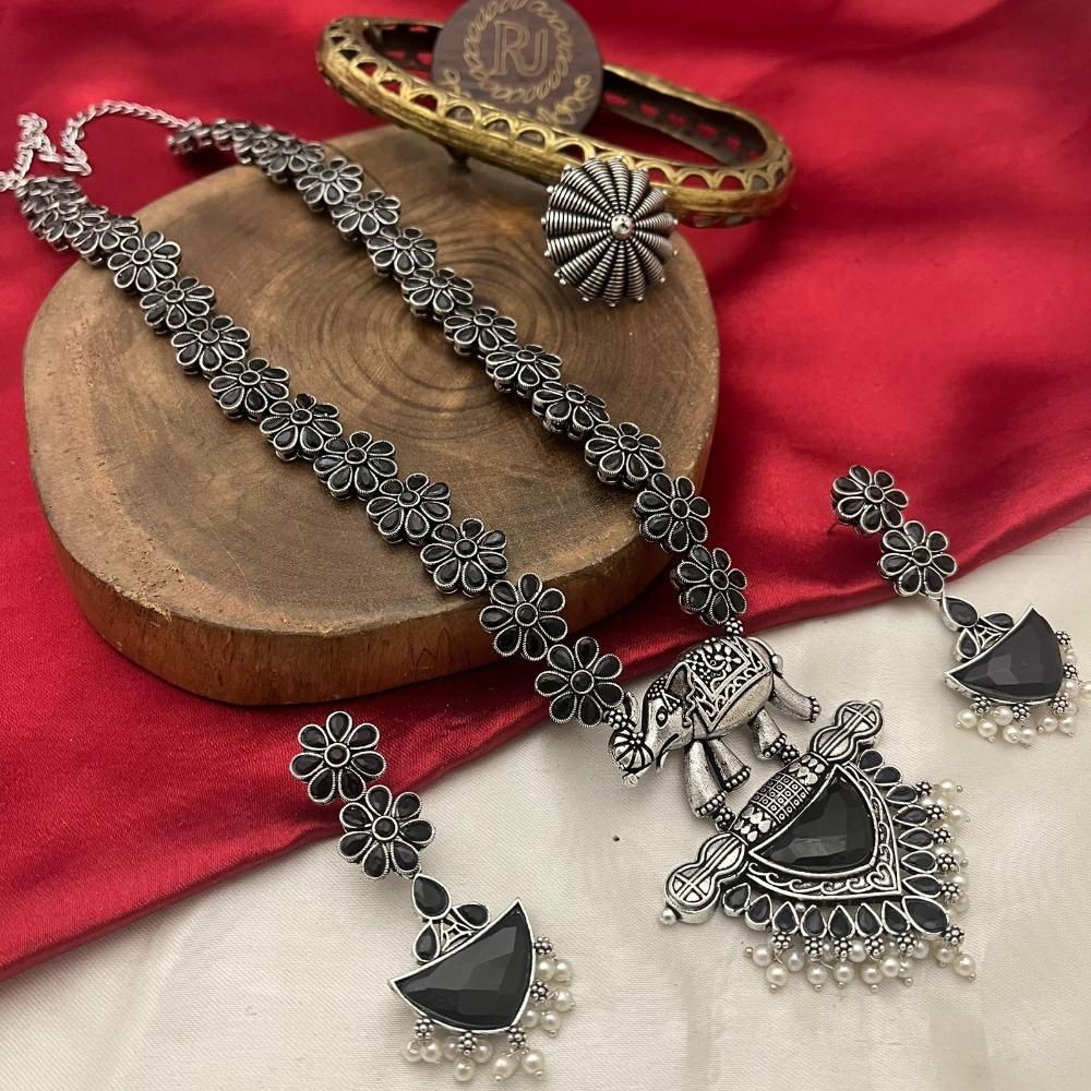 FS Collection Oxidised Plated Pota and Pearls Modern Fusion Jewelry Long Necklace Set
