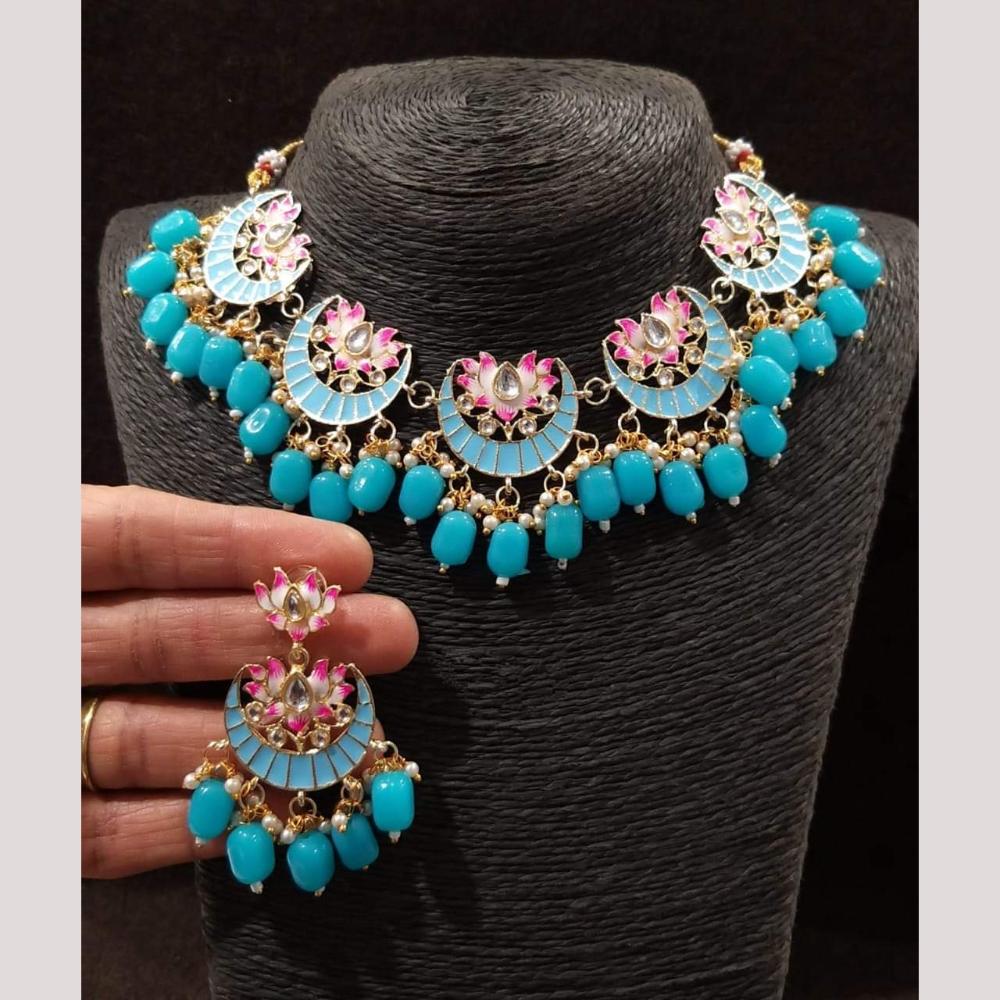 FS Collection Gold Plated Pota Stone And Pearls Choker Meenakari Necklace Set