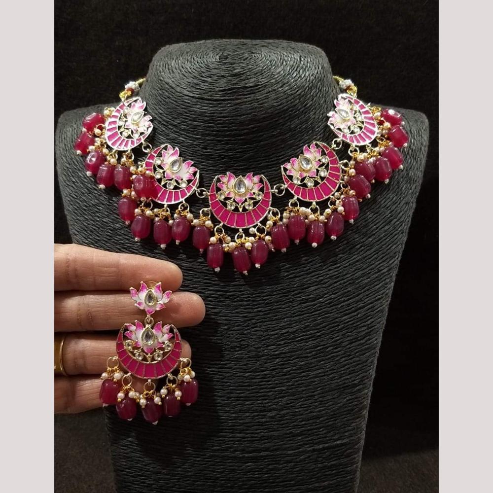 FS Collection Gold Plated Pota Stone And Pearls Choker Meenakari Necklace Set