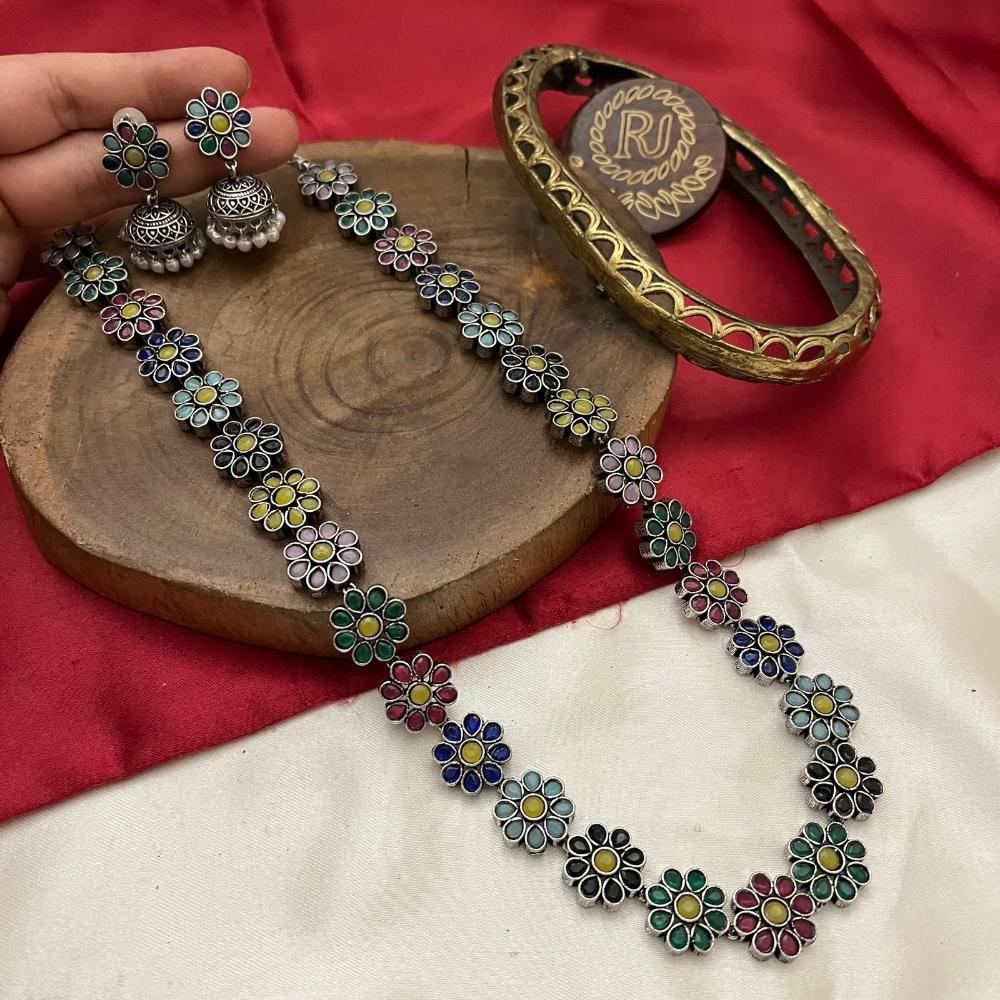 FS Collection Oxidised Plated Pota Stone Long Necklace Set