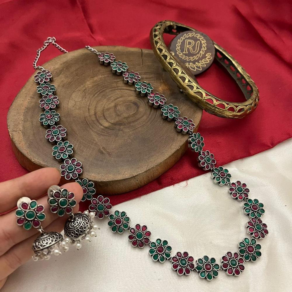 FS Collection Oxidised Plated Pota Stone Long Necklace Set