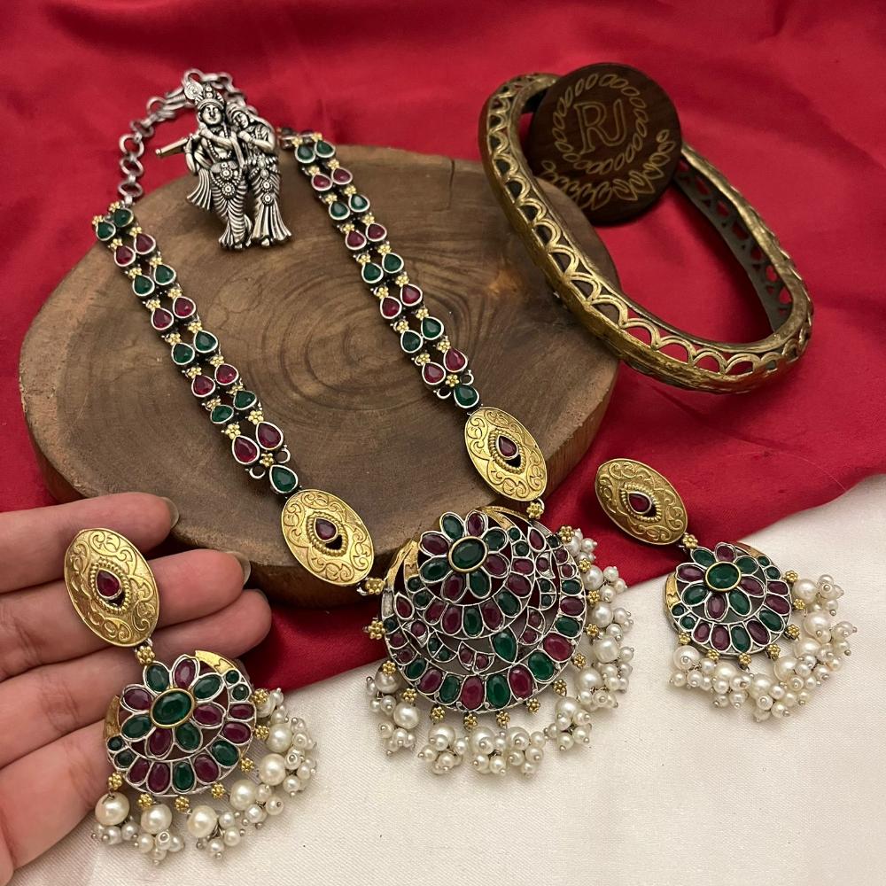 FS Collection 2 Tone Plated Pota Stone And Pearl Long Necklace Set